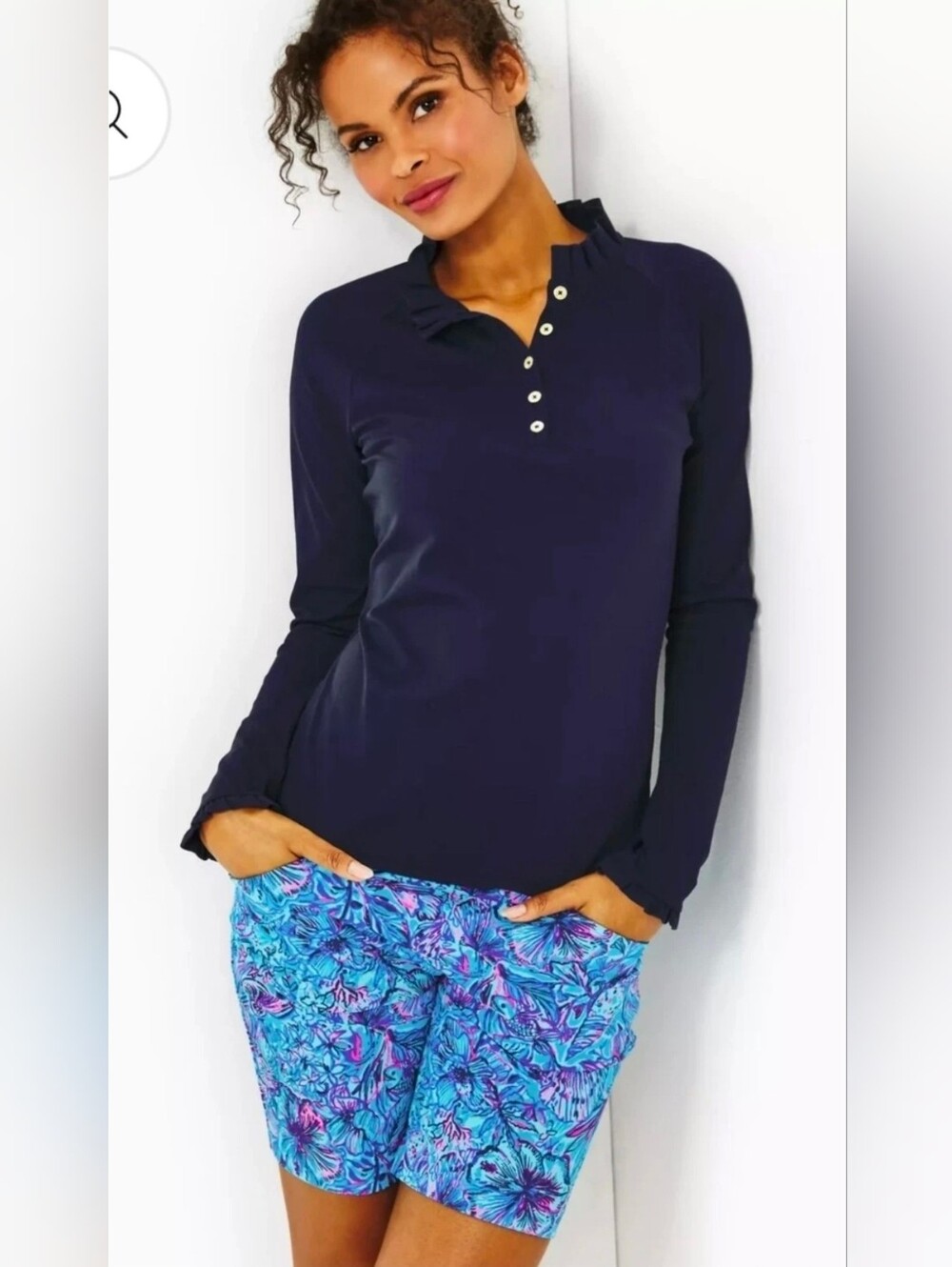 Lilly Pulitzer HUTTON LUXLETIC POLO Long Sleeve Ruffle Collar In True Blue Sz XL